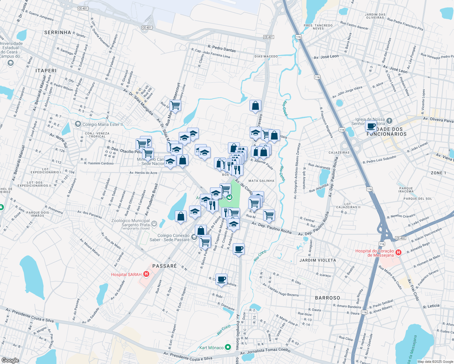 map of restaurants, bars, coffee shops, grocery stores, and more near 2900 Avenida Alberto Craveiro in Fortaleza