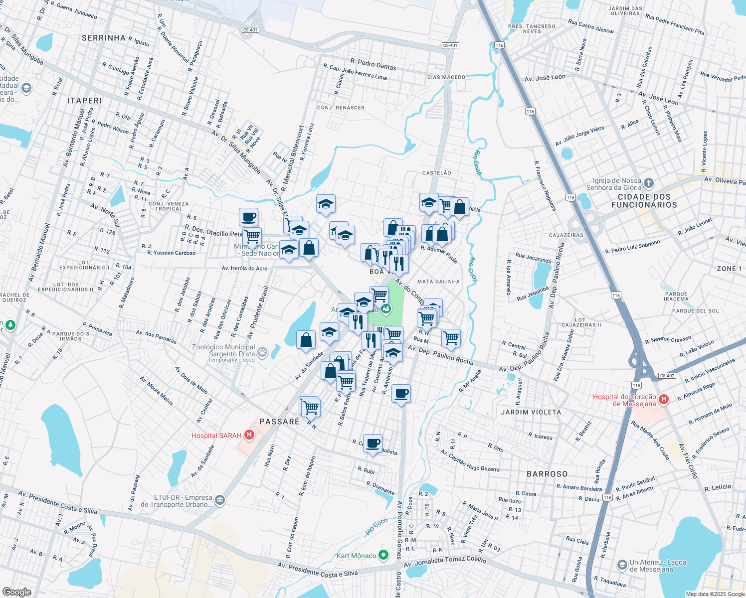 map of restaurants, bars, coffee shops, grocery stores, and more near 2901 Avenida Alberto Craveiro in Fortaleza