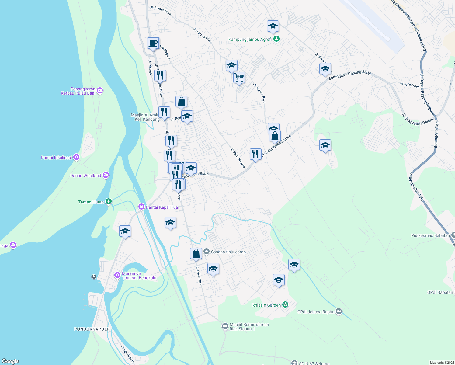 map of restaurants, bars, coffee shops, grocery stores, and more near in Kota Bengkulu