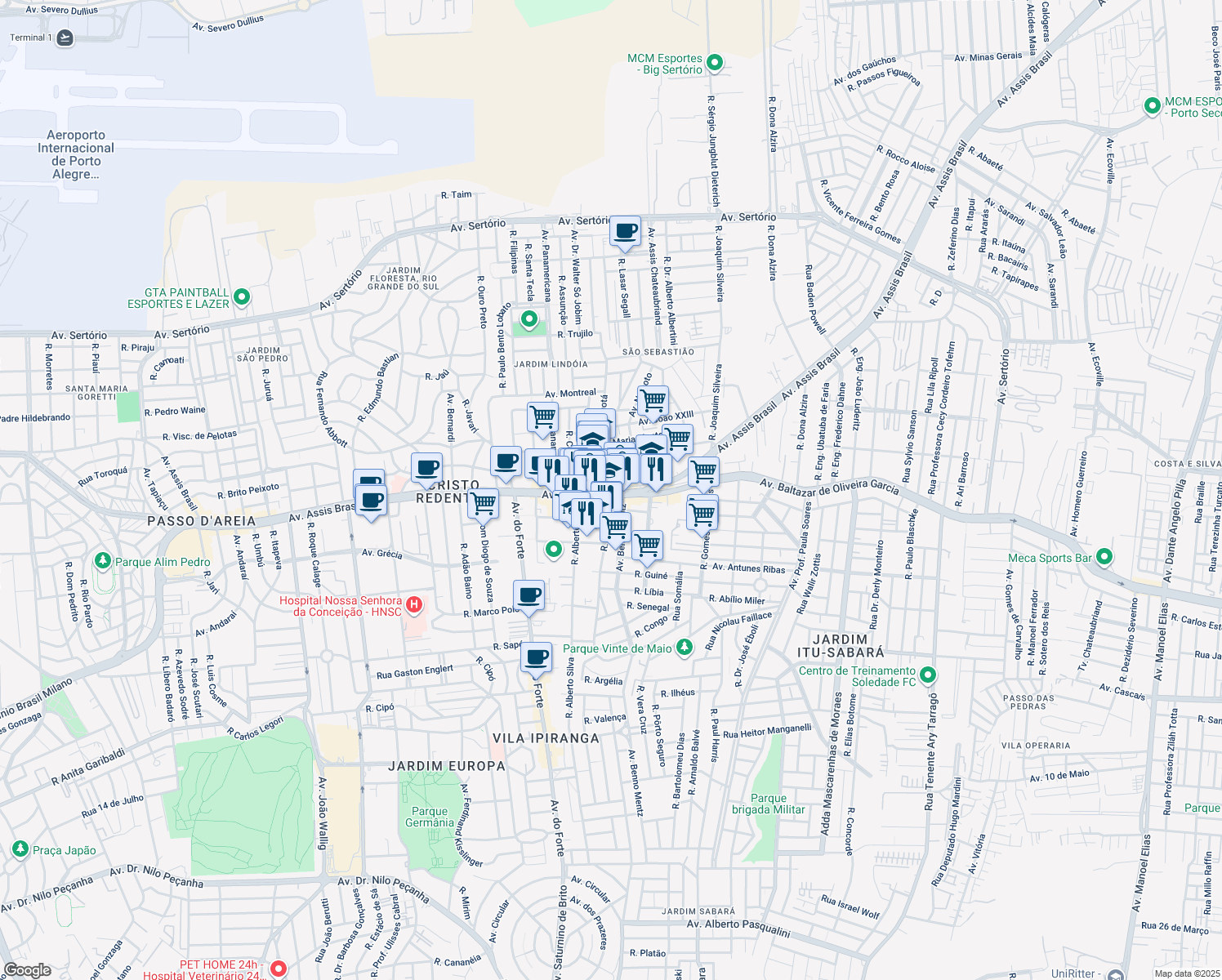 map of restaurants, bars, coffee shops, grocery stores, and more near 3940 Avenida Assis Brasil in Porto Alegre