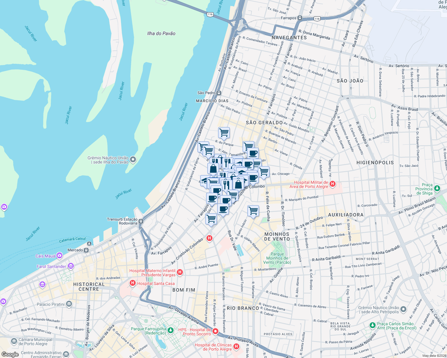 map of restaurants, bars, coffee shops, grocery stores, and more near in Porto Alegre