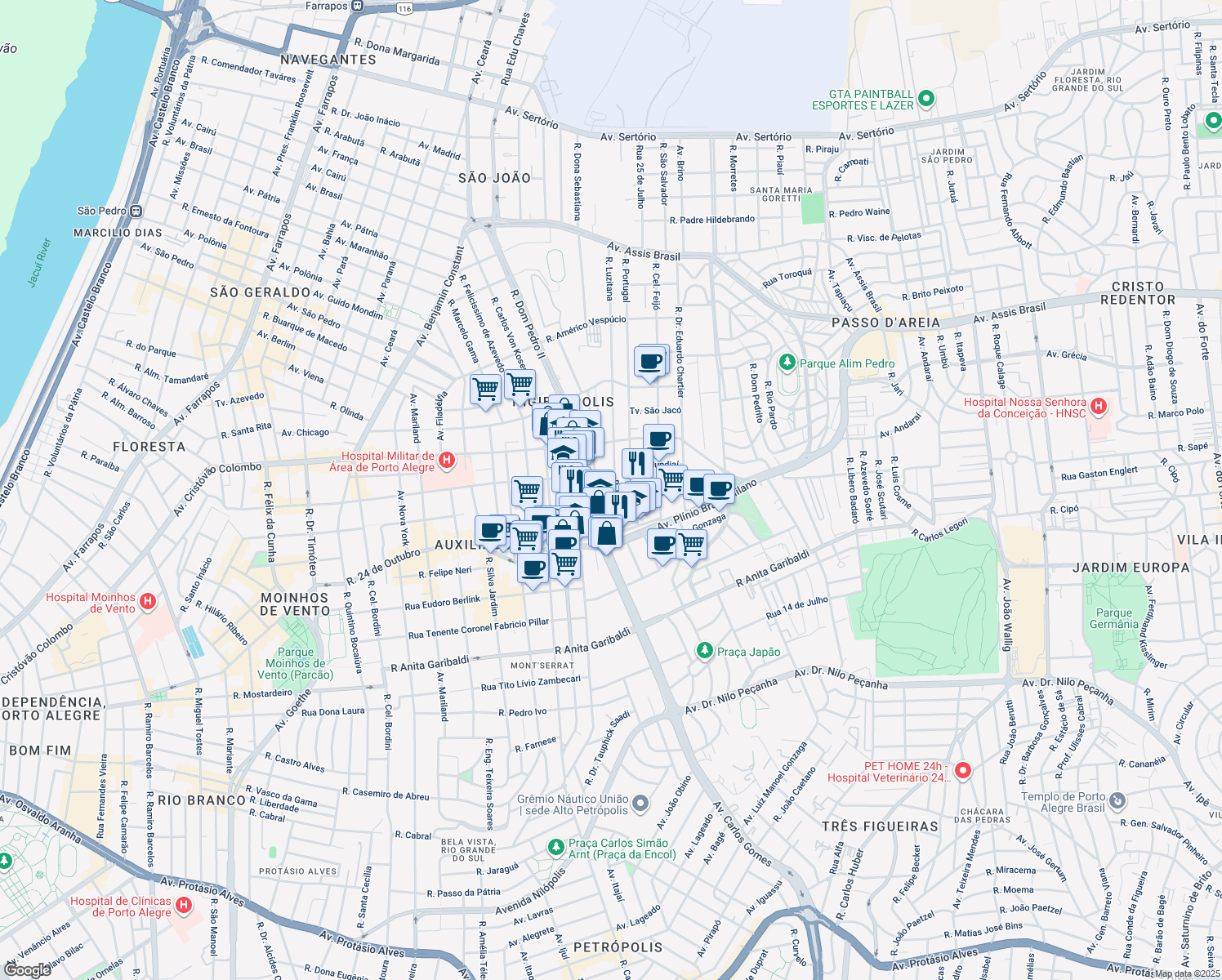 map of restaurants, bars, coffee shops, grocery stores, and more near 273 Rua Luzitana in Porto Alegre