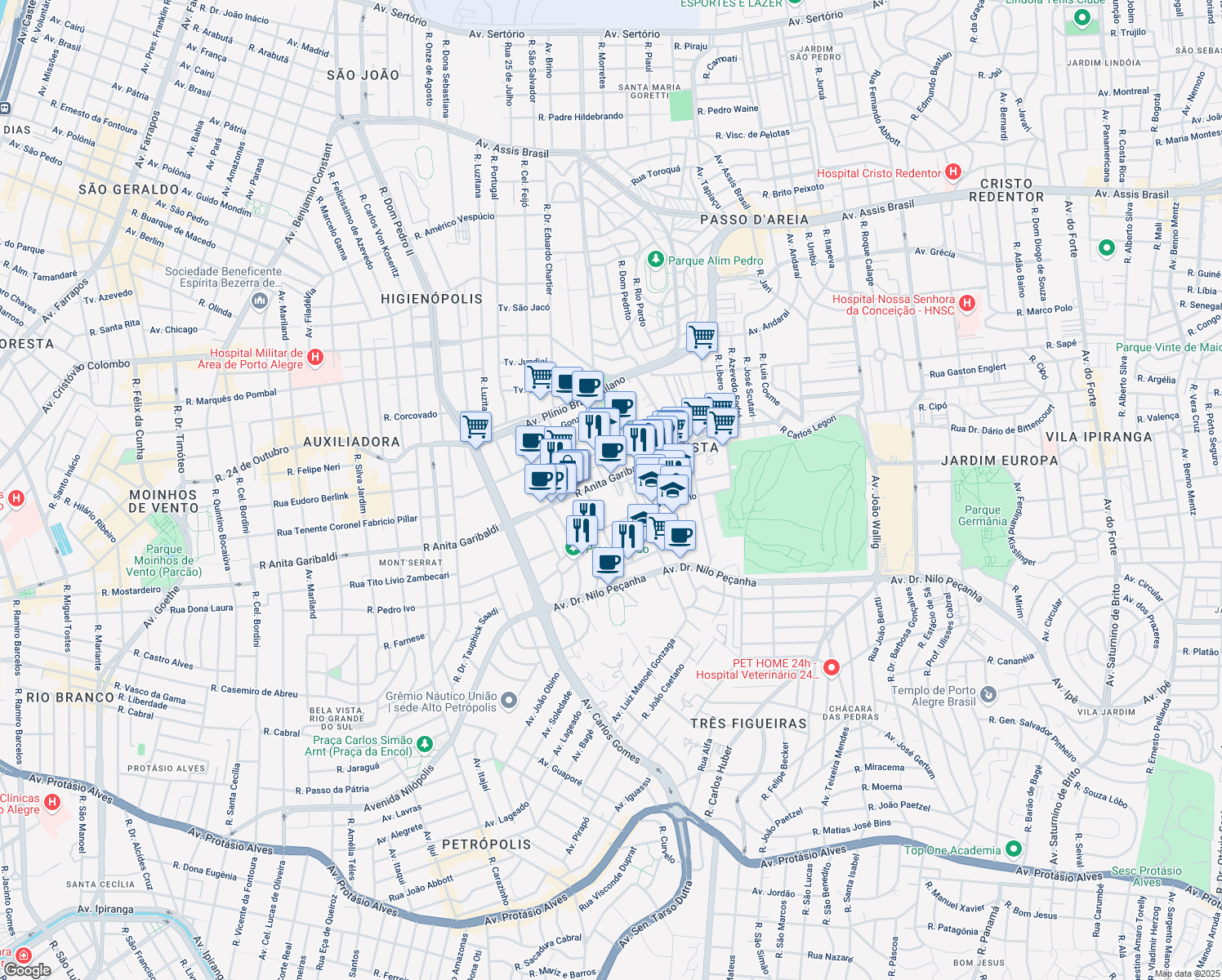 map of restaurants, bars, coffee shops, grocery stores, and more near 1855 Rua Anita Garibaldi in Porto Alegre