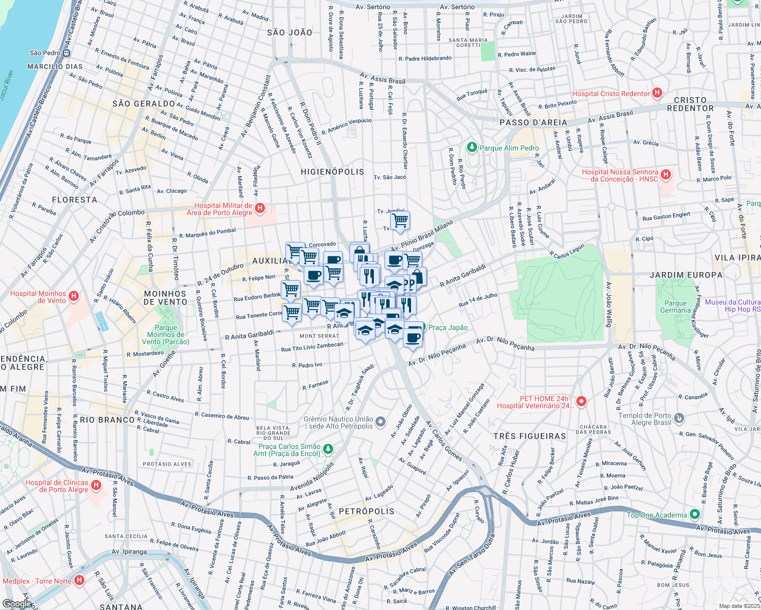 map of restaurants, bars, coffee shops, grocery stores, and more near 400 Avenida Carlos Gomes in Porto Alegre