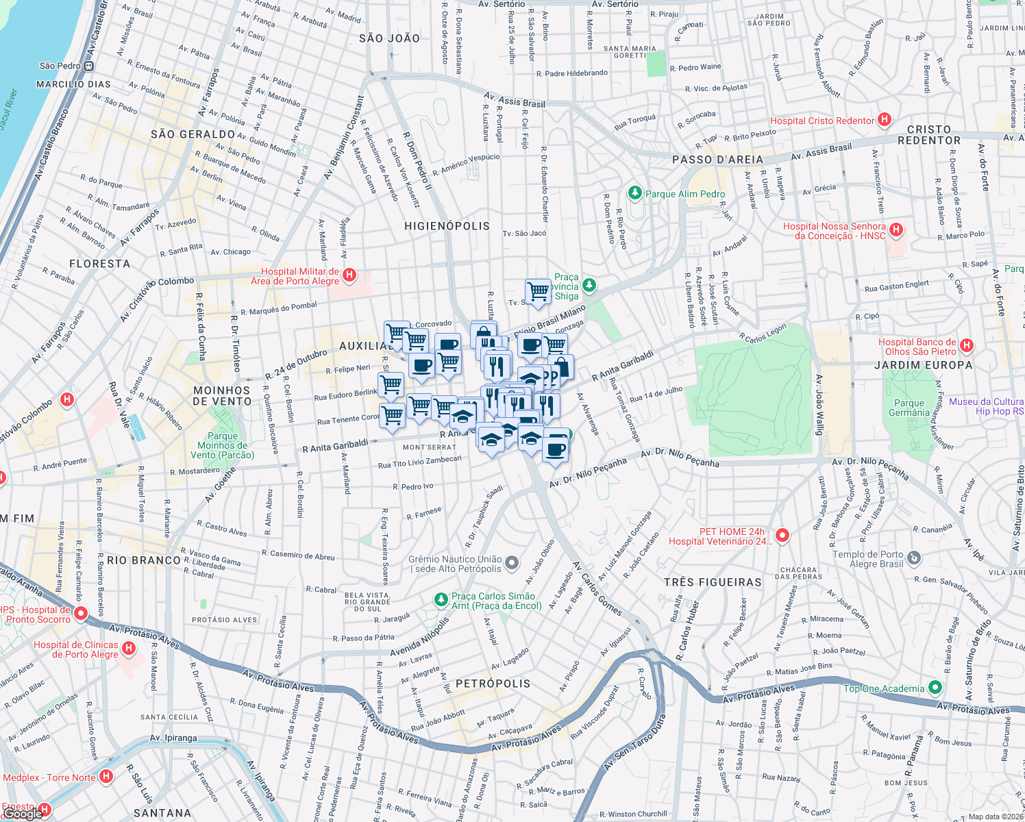map of restaurants, bars, coffee shops, grocery stores, and more near 400 Avenida Carlos Gomes in Porto Alegre