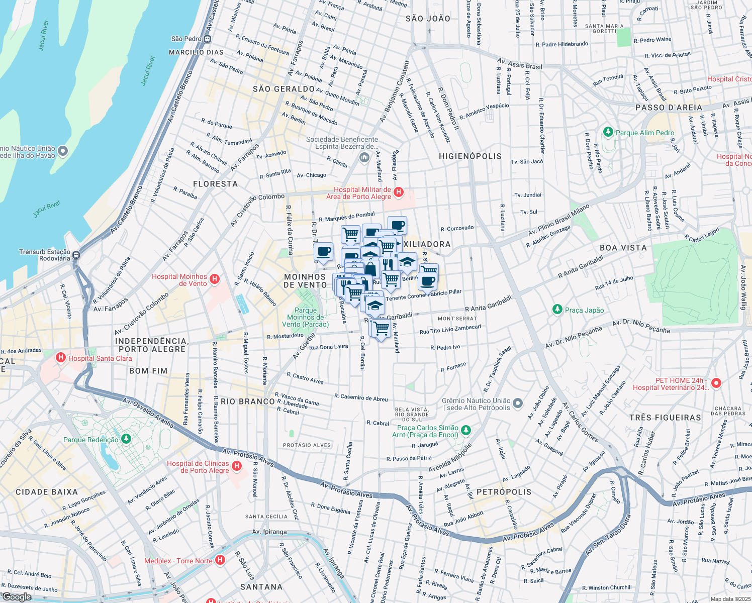 map of restaurants, bars, coffee shops, grocery stores, and more near 410 Avenida Coronel Lucas de Oliveira in Porto Alegre