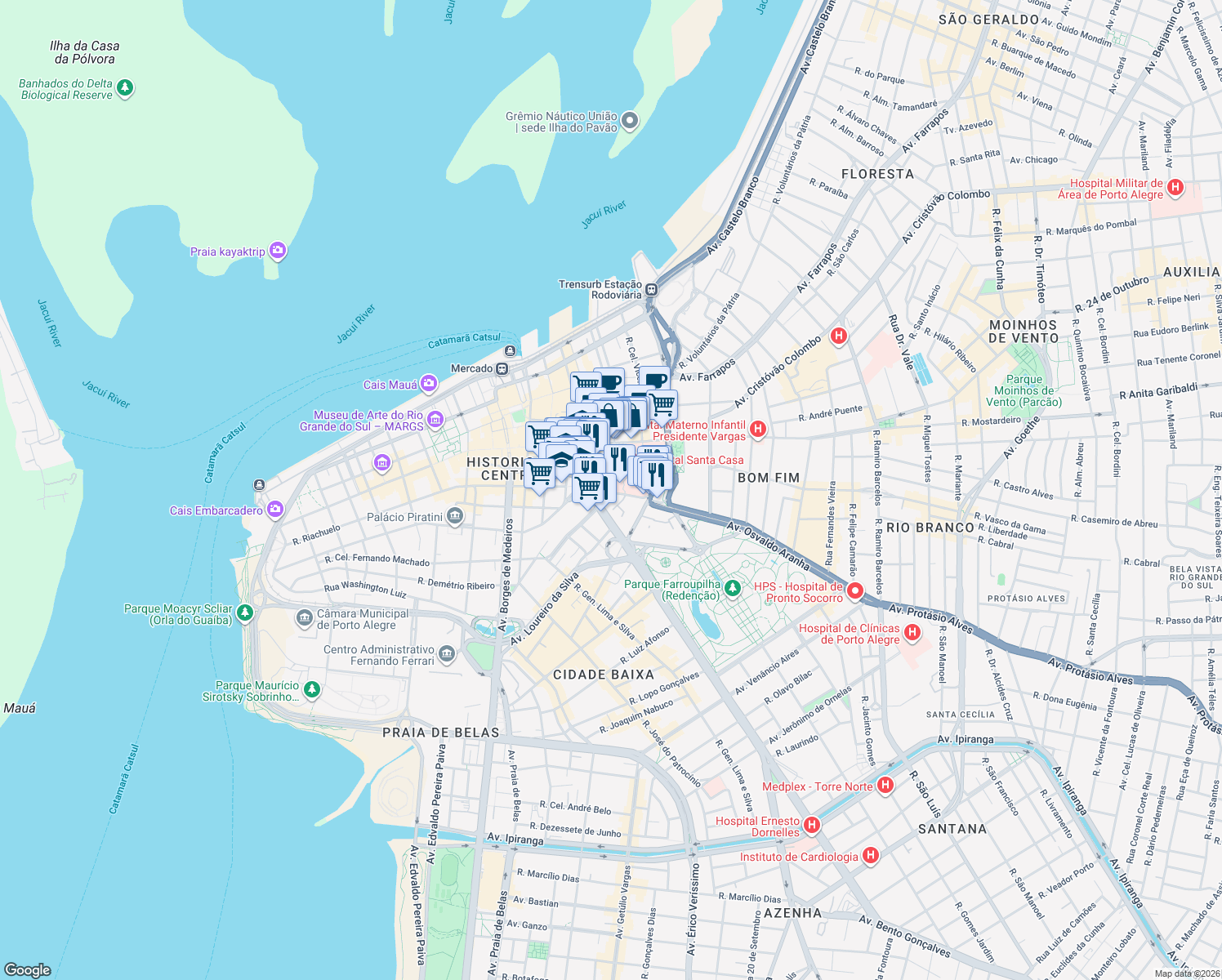 map of restaurants, bars, coffee shops, grocery stores, and more near in Porto Alegre