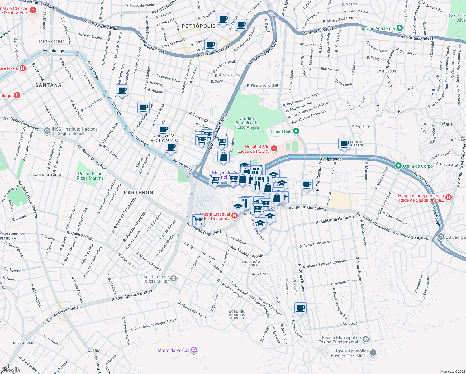 map of restaurants, bars, coffee shops, grocery stores, and more near 6111 Avenida Ipiranga in Porto Alegre