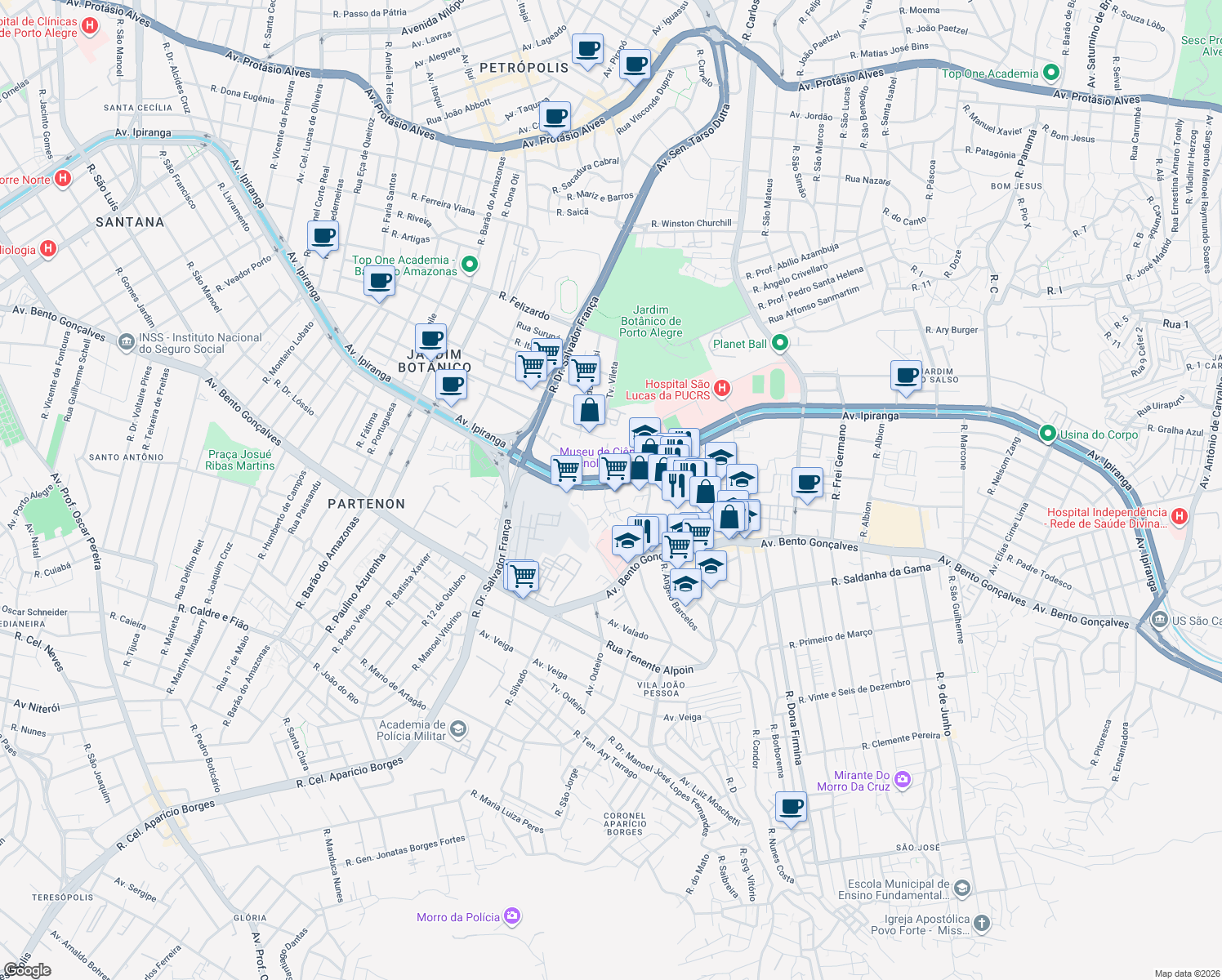 map of restaurants, bars, coffee shops, grocery stores, and more near 6111 Avenida Ipiranga in Porto Alegre