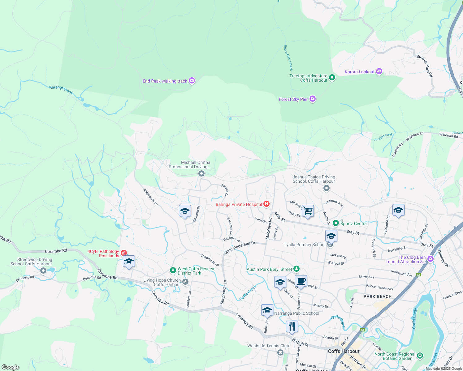 map of restaurants, bars, coffee shops, grocery stores, and more near 12 Hull Close in Coffs Harbour