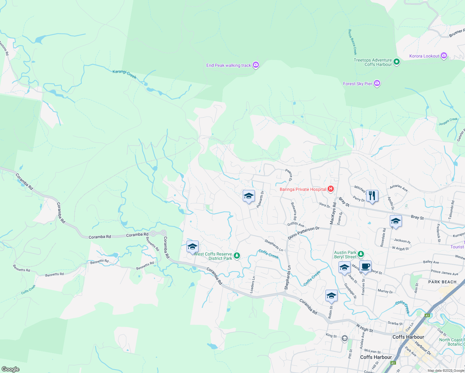 map of restaurants, bars, coffee shops, grocery stores, and more near 73 Coriedale Drive in Coffs Harbour