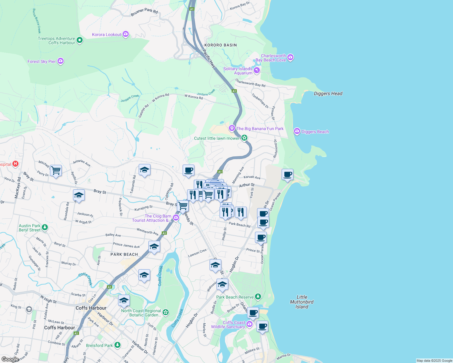 map of restaurants, bars, coffee shops, grocery stores, and more near 17 Arthur Street in Coffs Harbour
