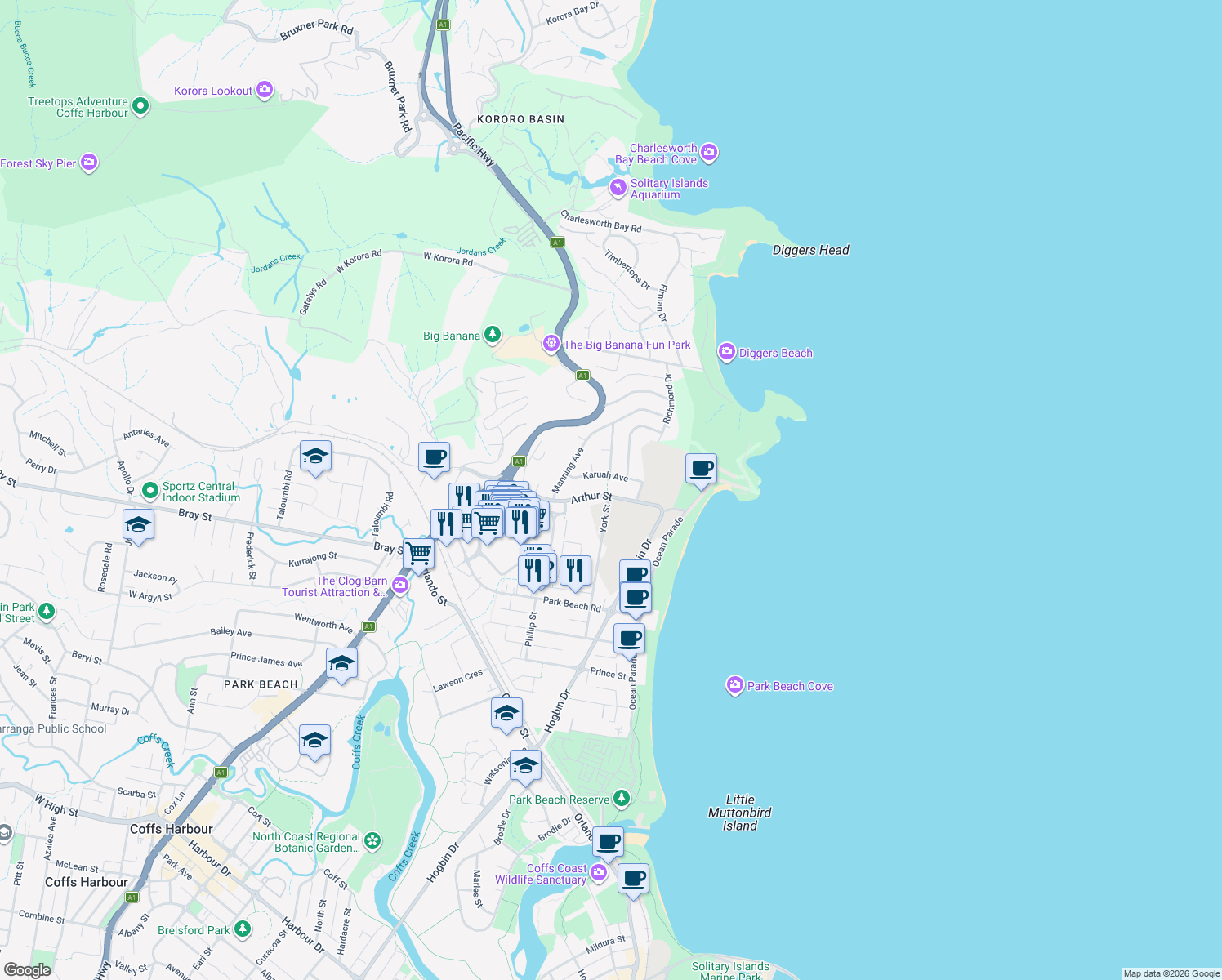 map of restaurants, bars, coffee shops, grocery stores, and more near 49 Arthur Street in Coffs Harbour
