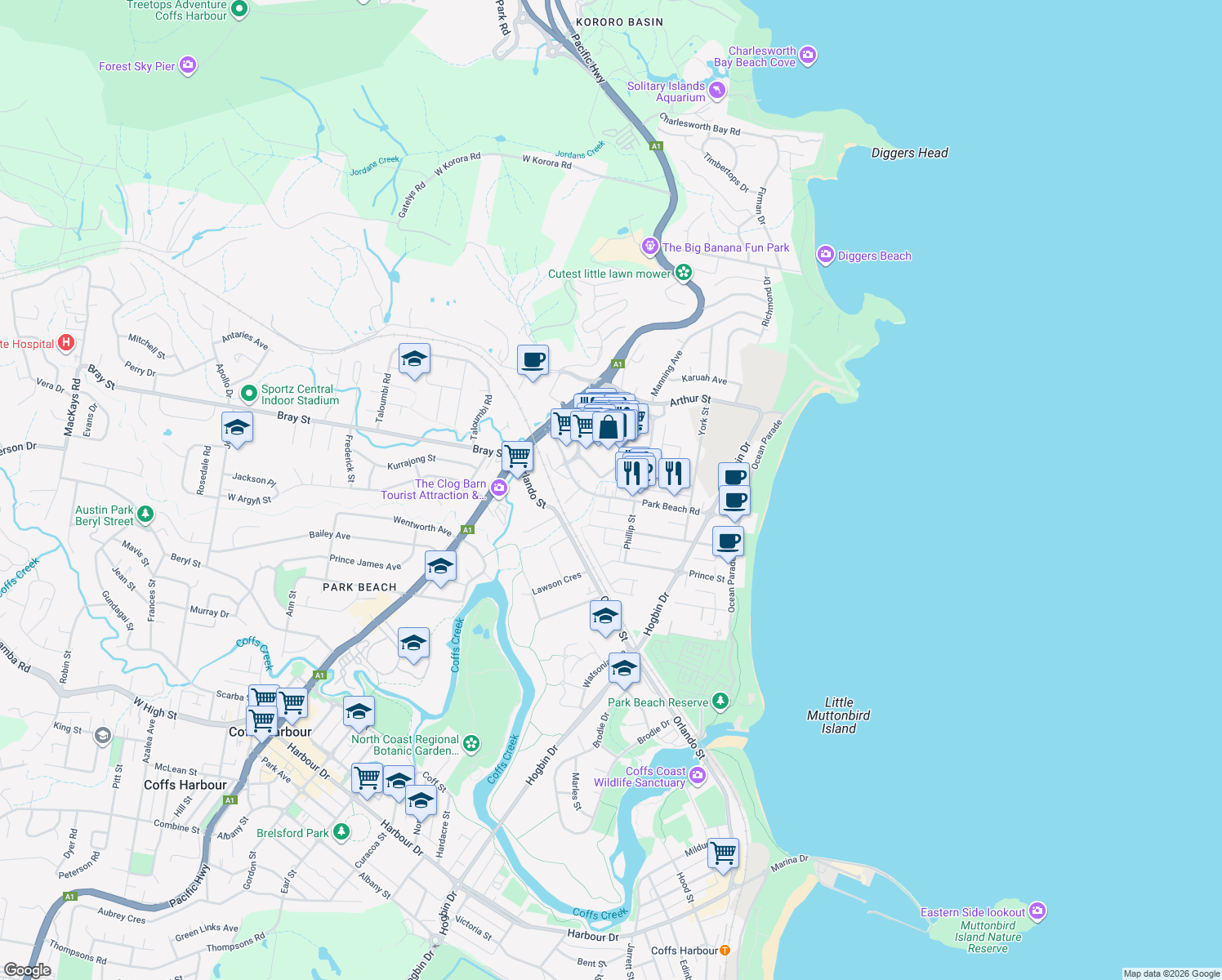 map of restaurants, bars, coffee shops, grocery stores, and more near 61 Park Beach Road in Coffs Harbour