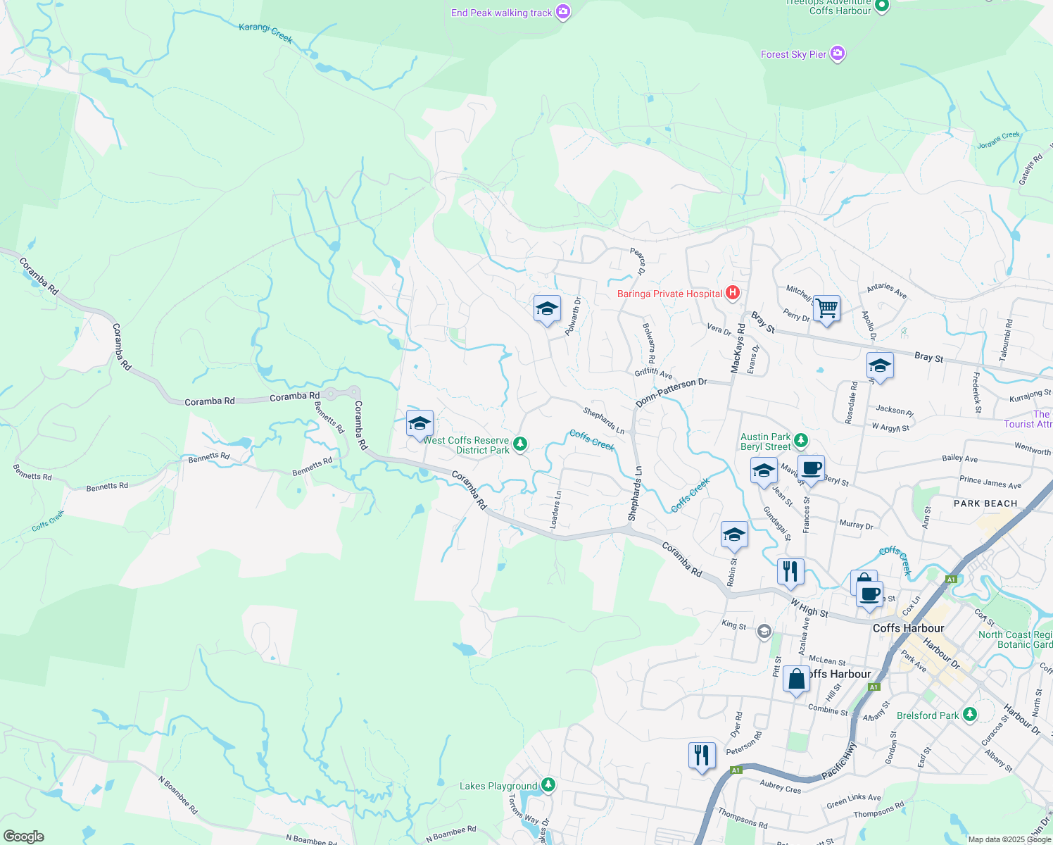 map of restaurants, bars, coffee shops, grocery stores, and more near 56 William Sharp Drive in Coffs Harbour