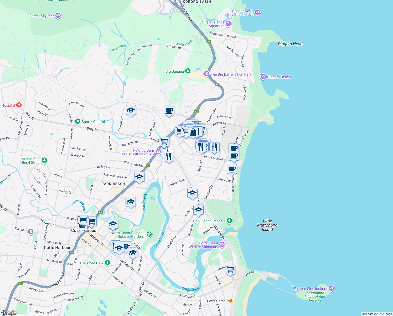 map of restaurants, bars, coffee shops, grocery stores, and more near 66-68 Park Beach Road in Coffs Harbour