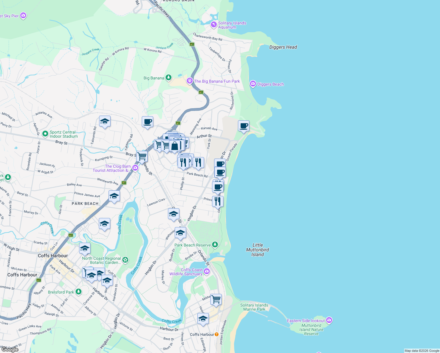 map of restaurants, bars, coffee shops, grocery stores, and more near 87 Ocean Parade in Coffs Harbour