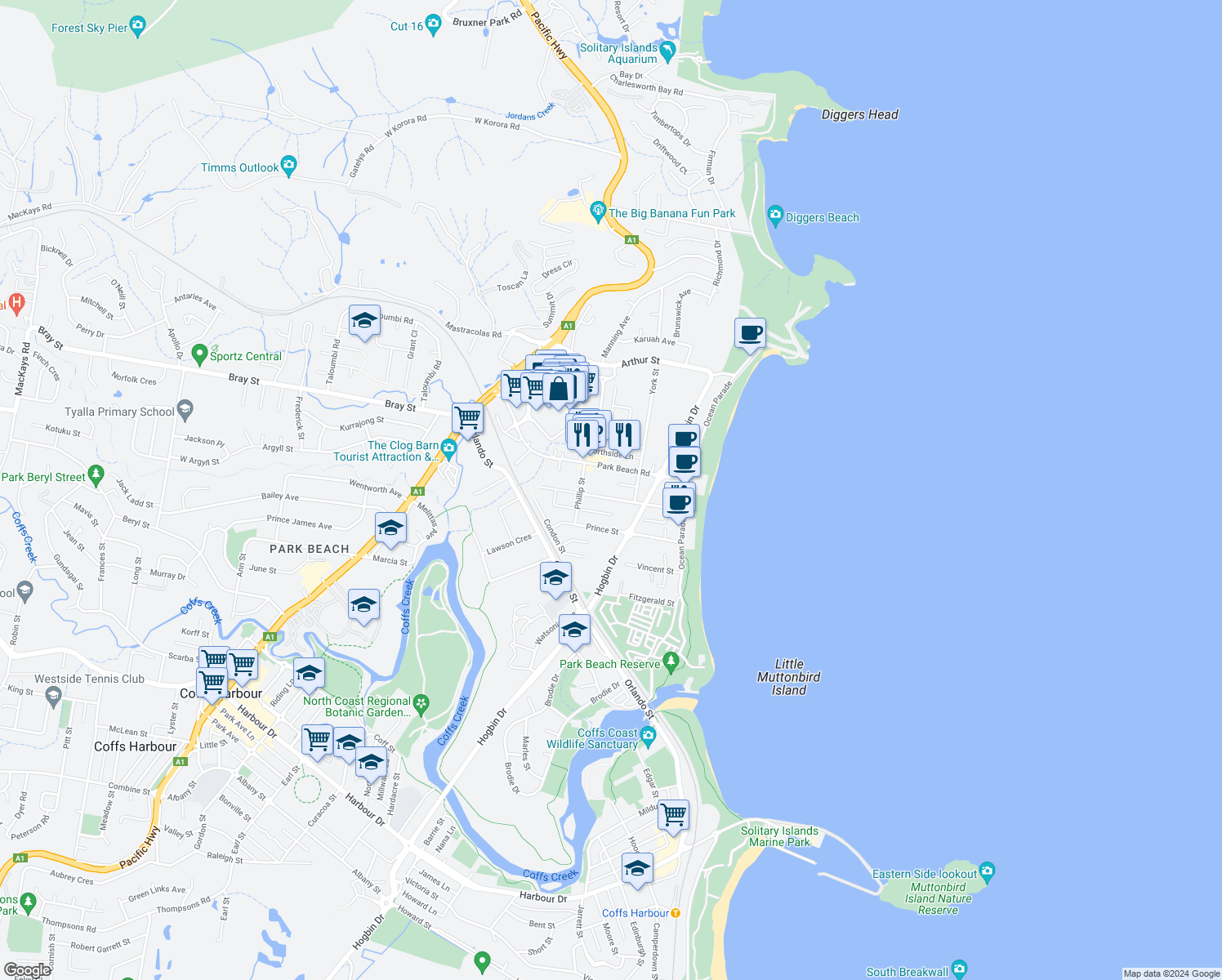map of restaurants, bars, coffee shops, grocery stores, and more near 34 Boultwood Street in Coffs Harbour