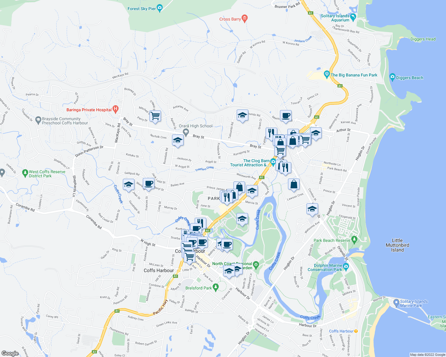map of restaurants, bars, coffee shops, grocery stores, and more near 46 Bailey Avenue in Coffs Harbour