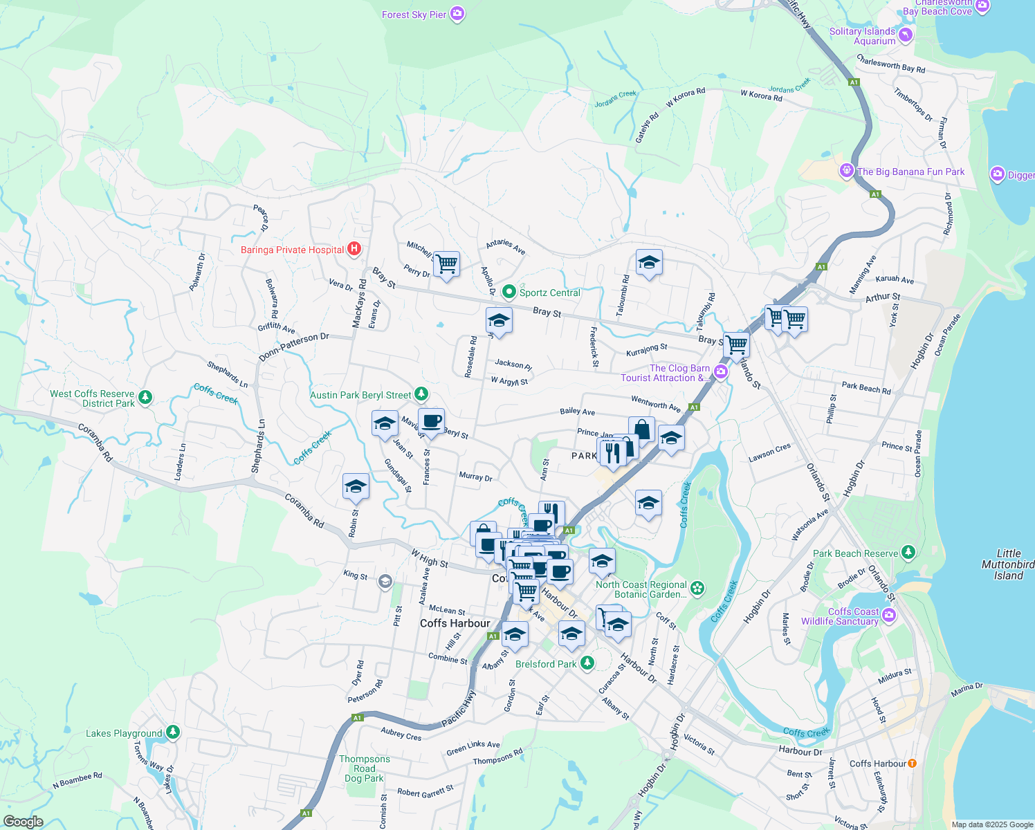 map of restaurants, bars, coffee shops, grocery stores, and more near 92 Bailey Avenue in Coffs Harbour