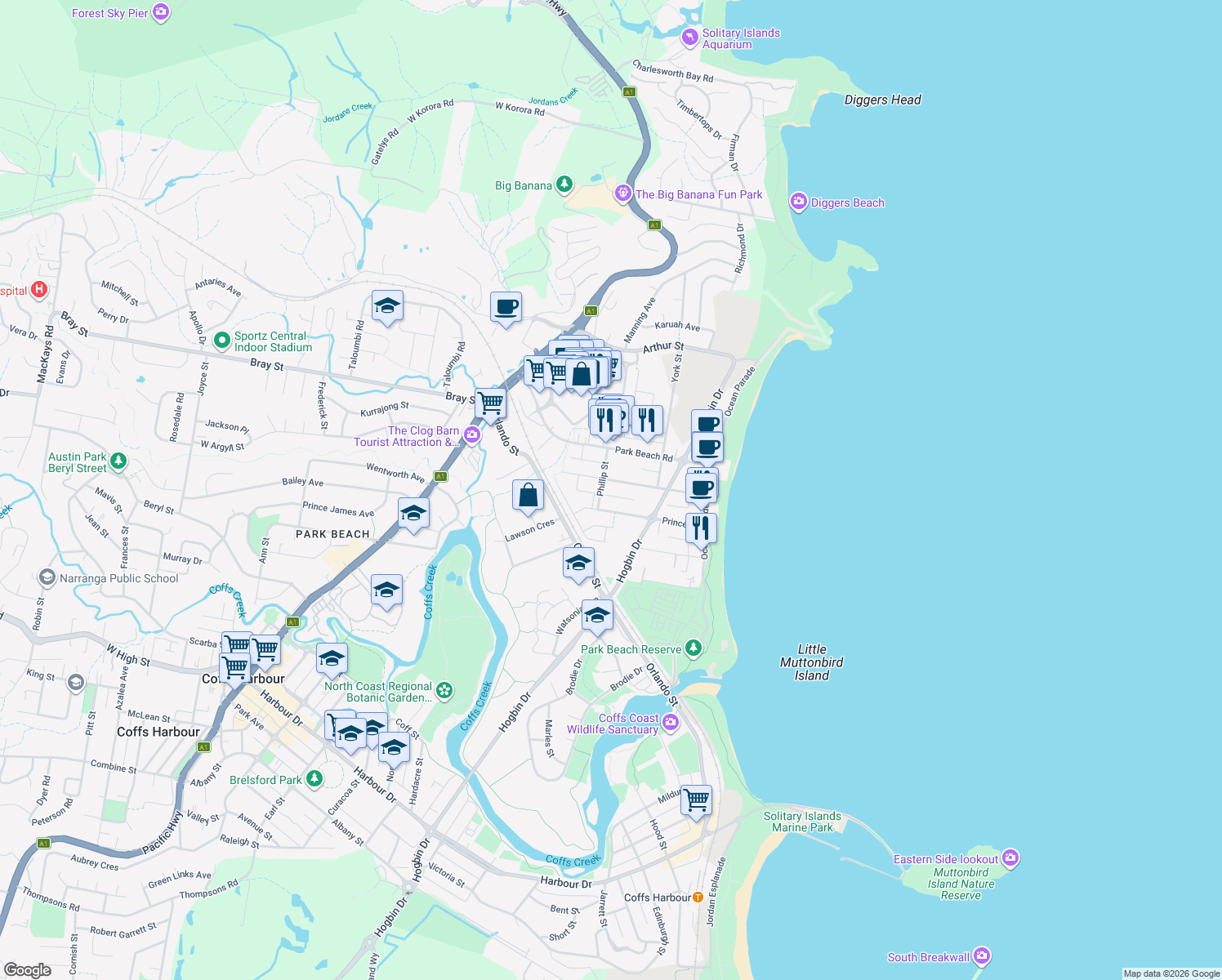map of restaurants, bars, coffee shops, grocery stores, and more near 49 Boultwood Street in Coffs Harbour