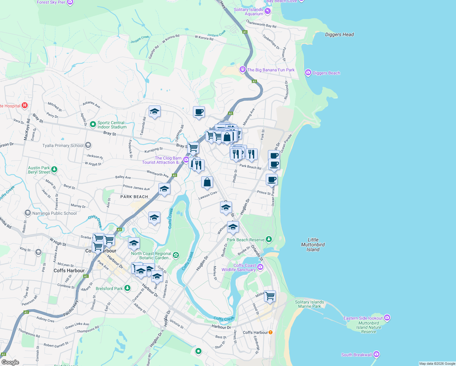 map of restaurants, bars, coffee shops, grocery stores, and more near 64 Prince Street in Coffs Harbour
