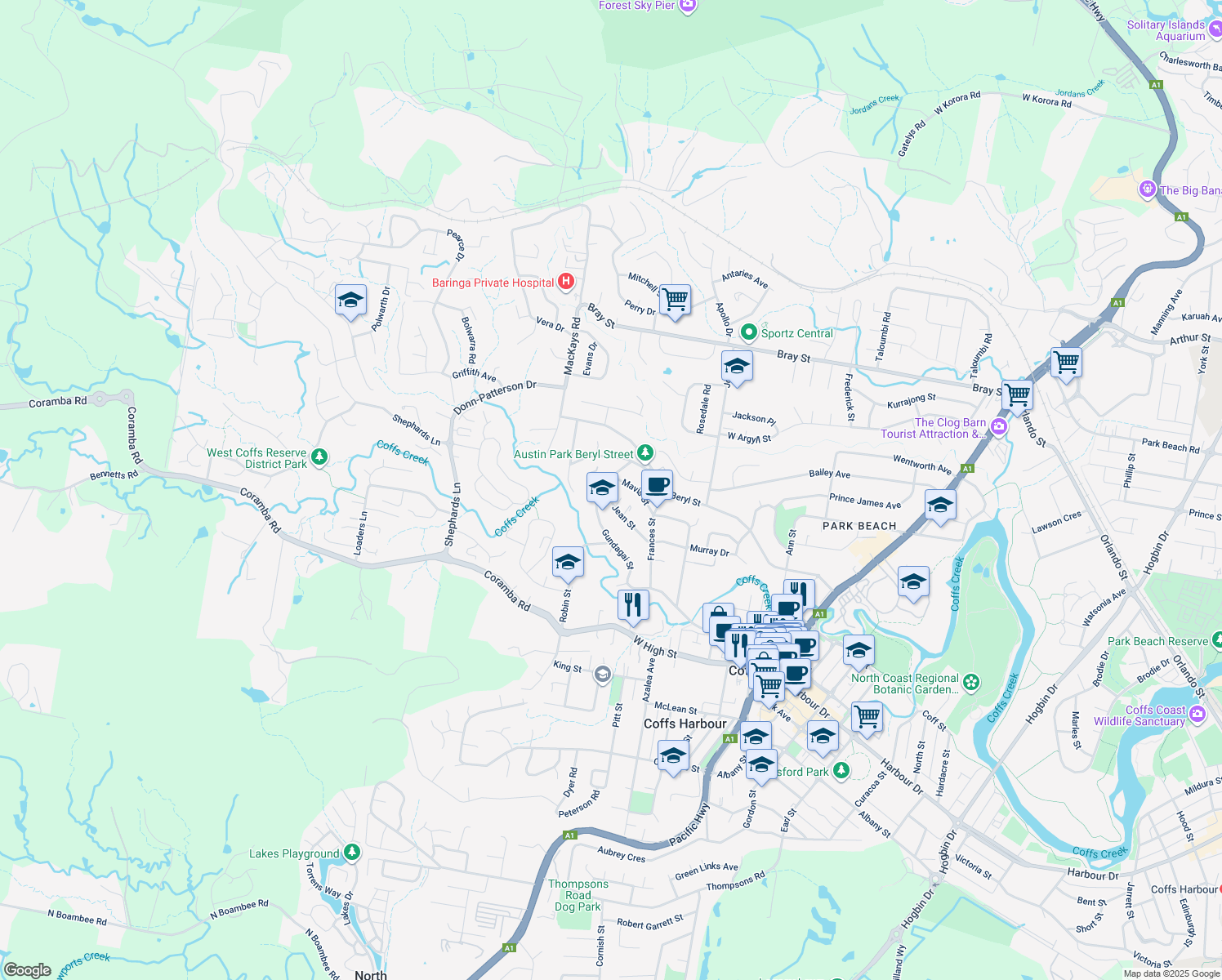 map of restaurants, bars, coffee shops, grocery stores, and more near 35 Jean Street in Coffs Harbour