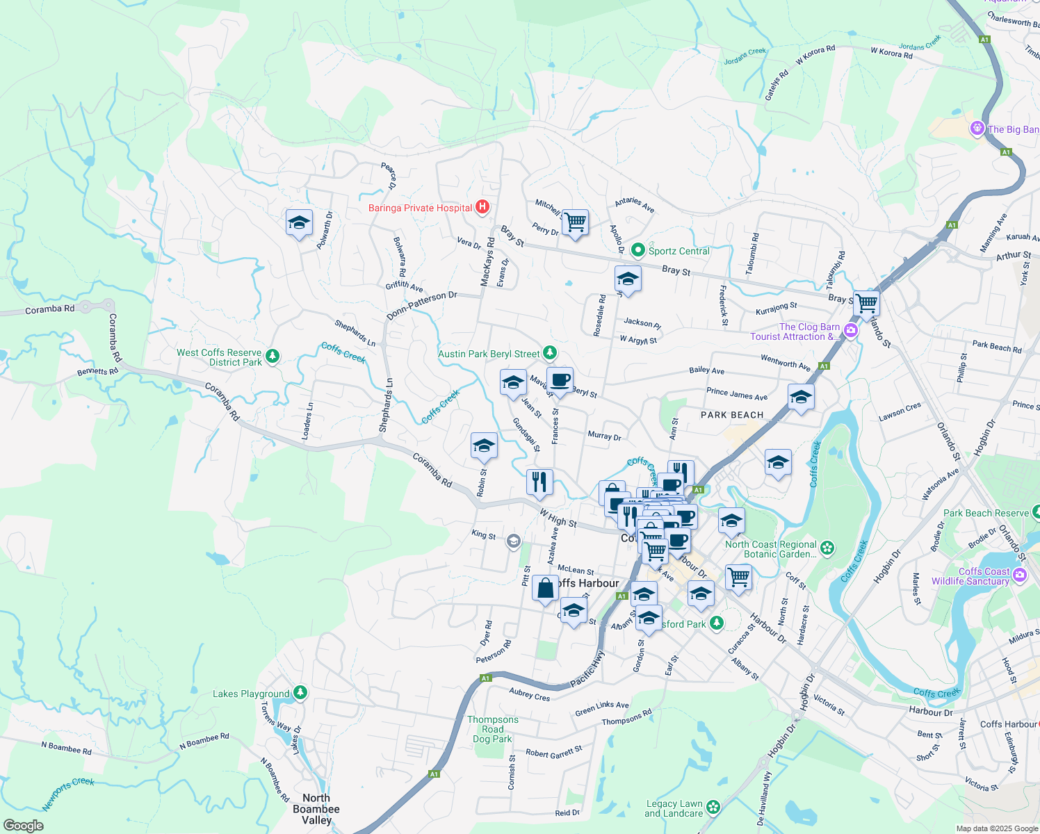 map of restaurants, bars, coffee shops, grocery stores, and more near 63A Gundagai Street in Coffs Harbour