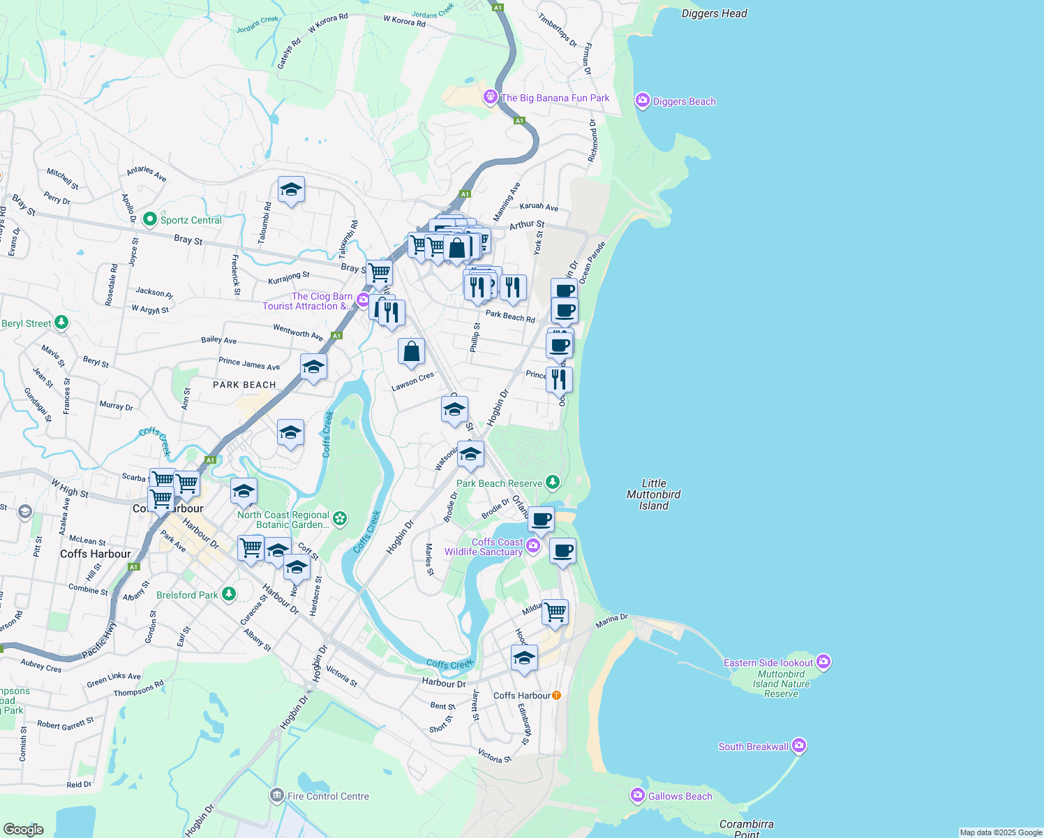 map of restaurants, bars, coffee shops, grocery stores, and more near 20 Fitzgerald Street in Coffs Harbour