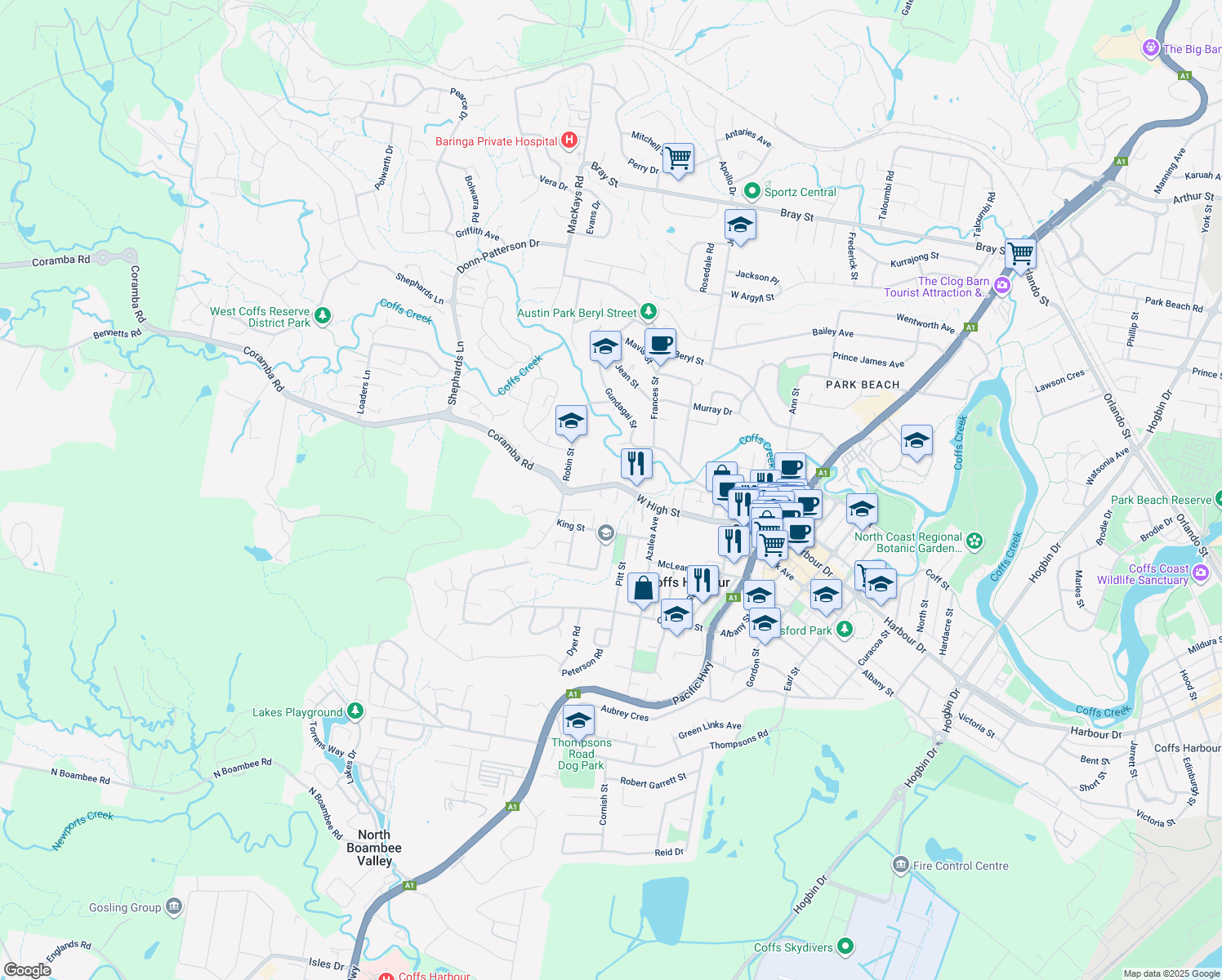 map of restaurants, bars, coffee shops, grocery stores, and more near 58 West High Street in Coffs Harbour