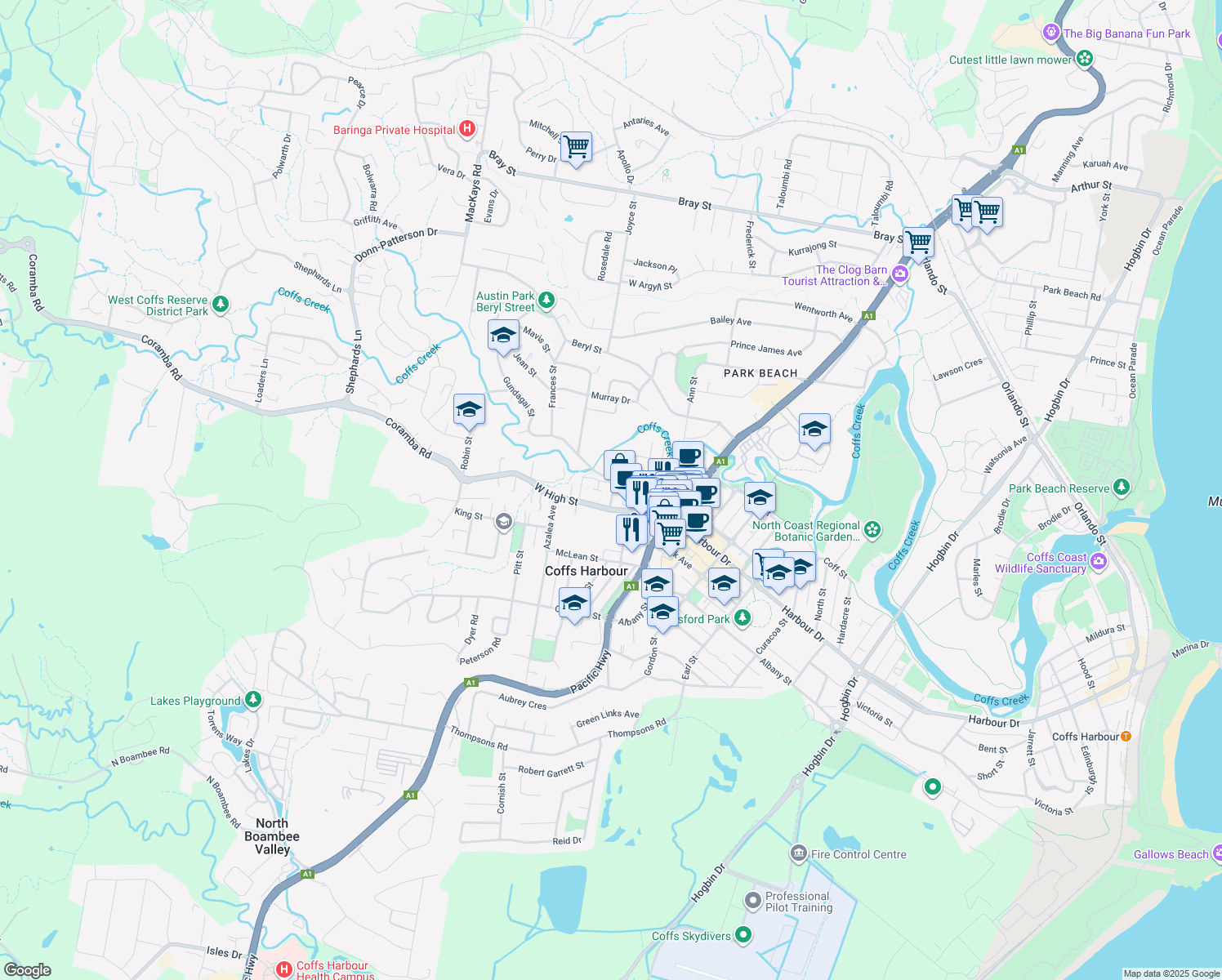 map of restaurants, bars, coffee shops, grocery stores, and more near 8 Murdock Street in Coffs Harbour