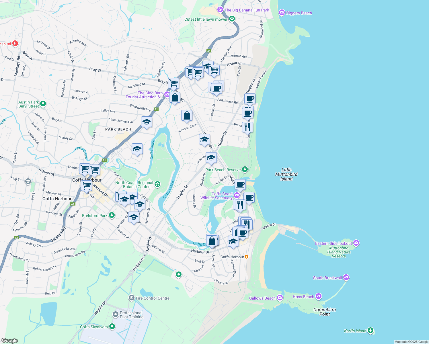 map of restaurants, bars, coffee shops, grocery stores, and more near 15 Anderton Street in Coffs Harbour