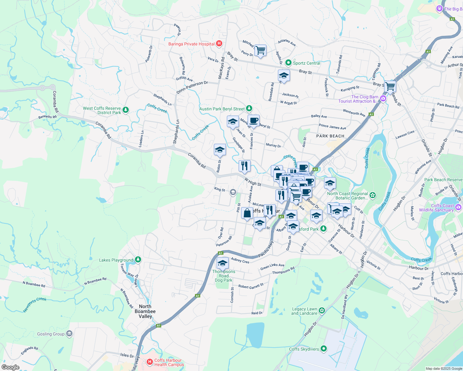 map of restaurants, bars, coffee shops, grocery stores, and more near 7 West Side Close in Coffs Harbour
