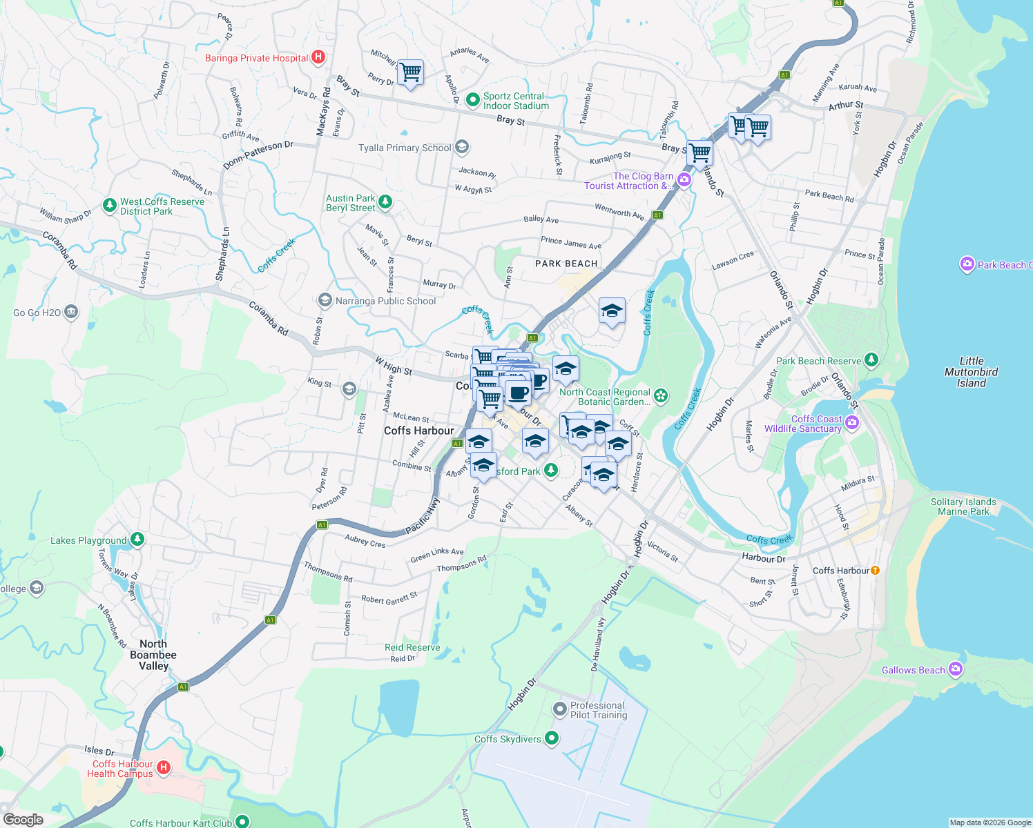map of restaurants, bars, coffee shops, grocery stores, and more near 98 Harbour Drive in Coffs Harbour