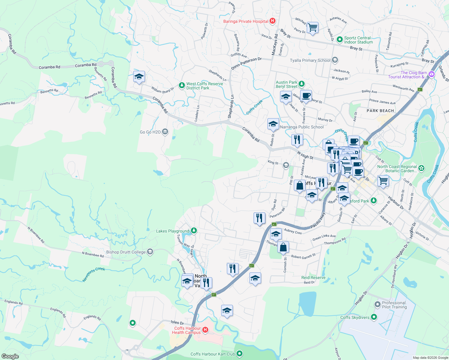 map of restaurants, bars, coffee shops, grocery stores, and more near 17 Anniversary Place in Coffs Harbour