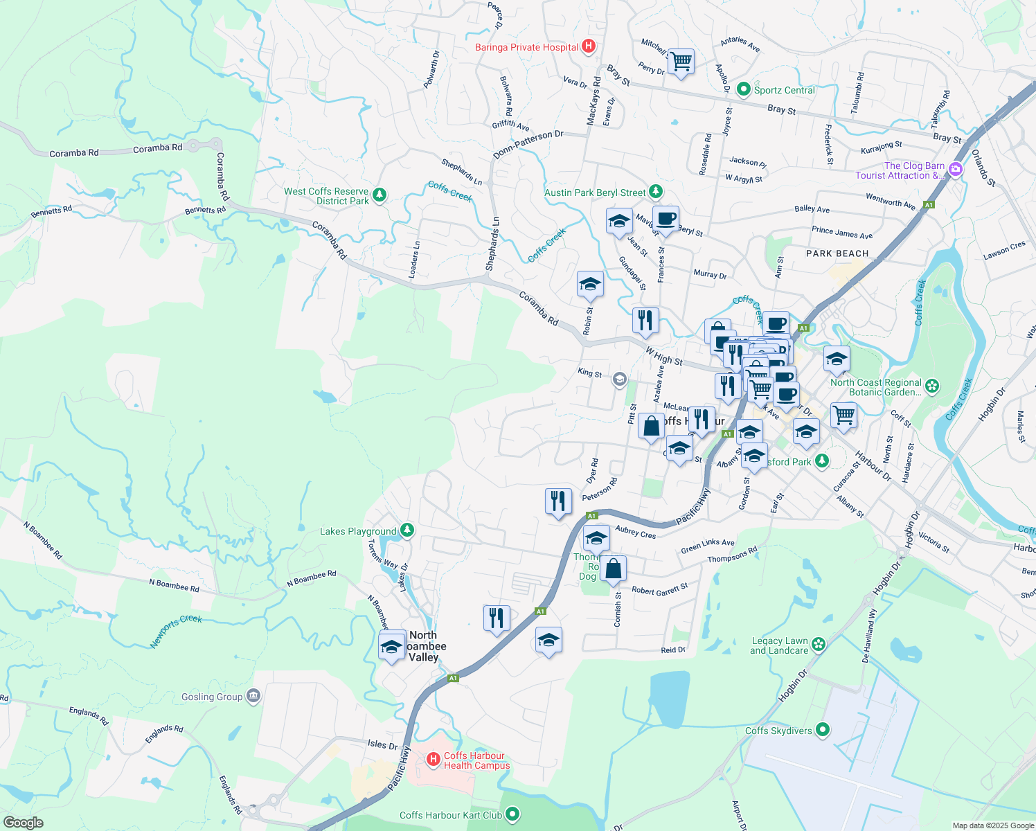 map of restaurants, bars, coffee shops, grocery stores, and more near 105 Combine Street in Coffs Harbour