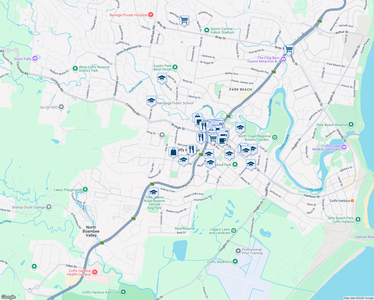 map of restaurants, bars, coffee shops, grocery stores, and more near in Coffs Harbour