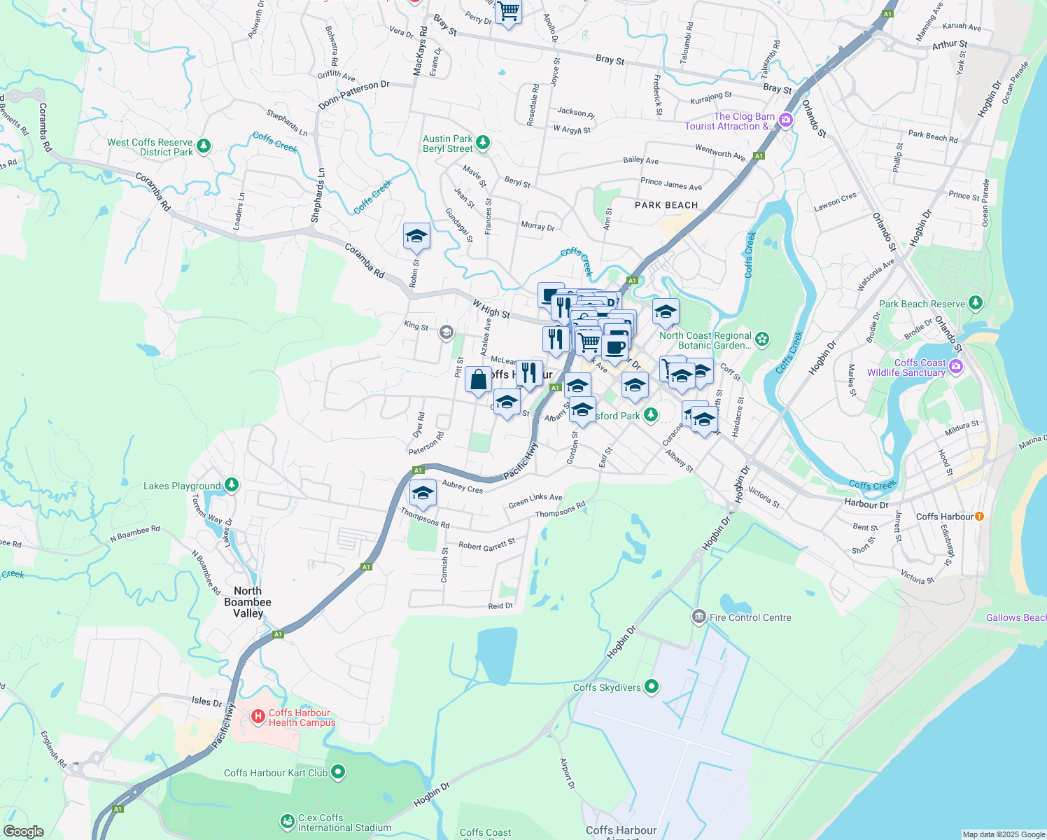 map of restaurants, bars, coffee shops, grocery stores, and more near 34 Elizabeth Street in Coffs Harbour