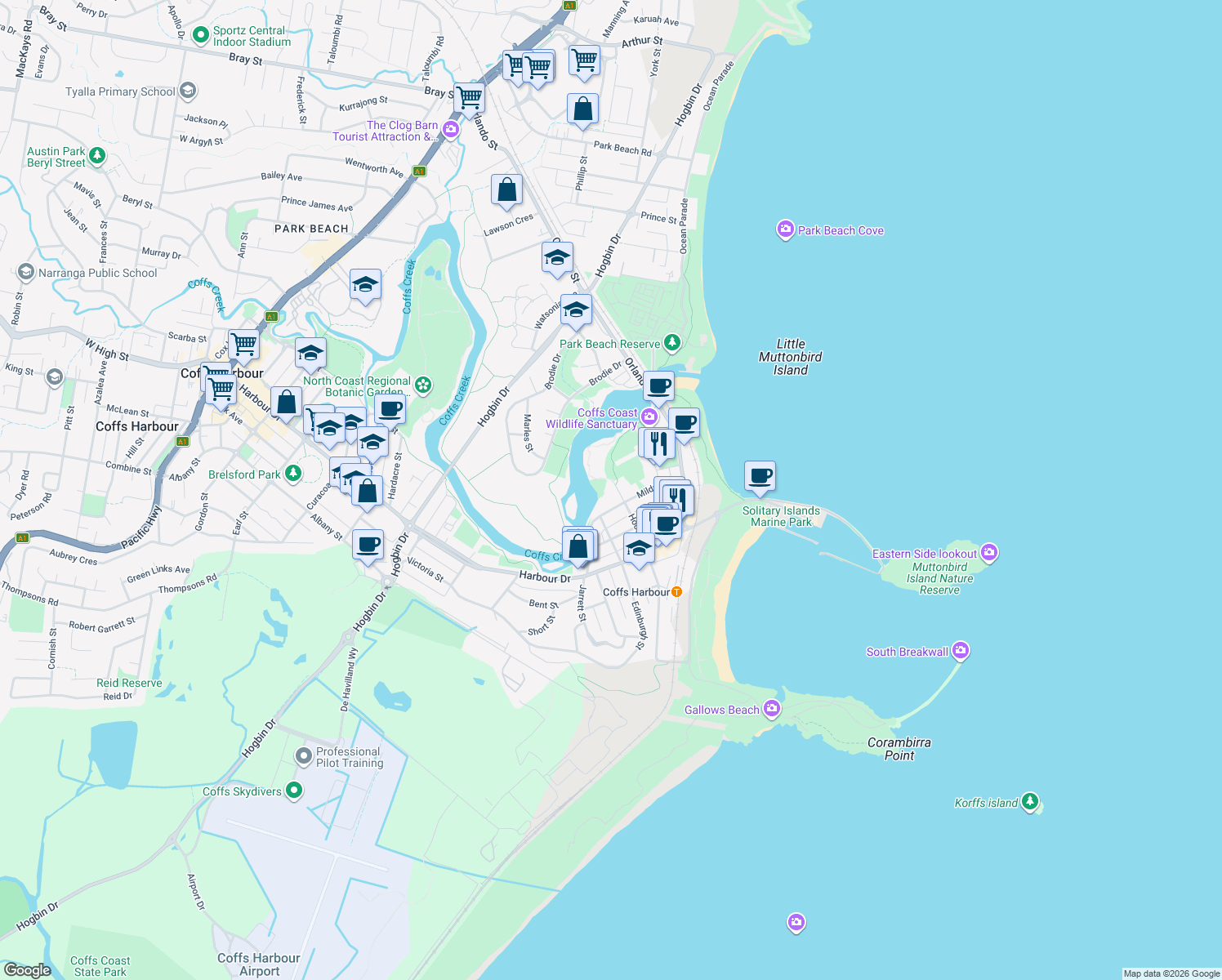 map of restaurants, bars, coffee shops, grocery stores, and more near 81 Hood Street in Coffs Harbour