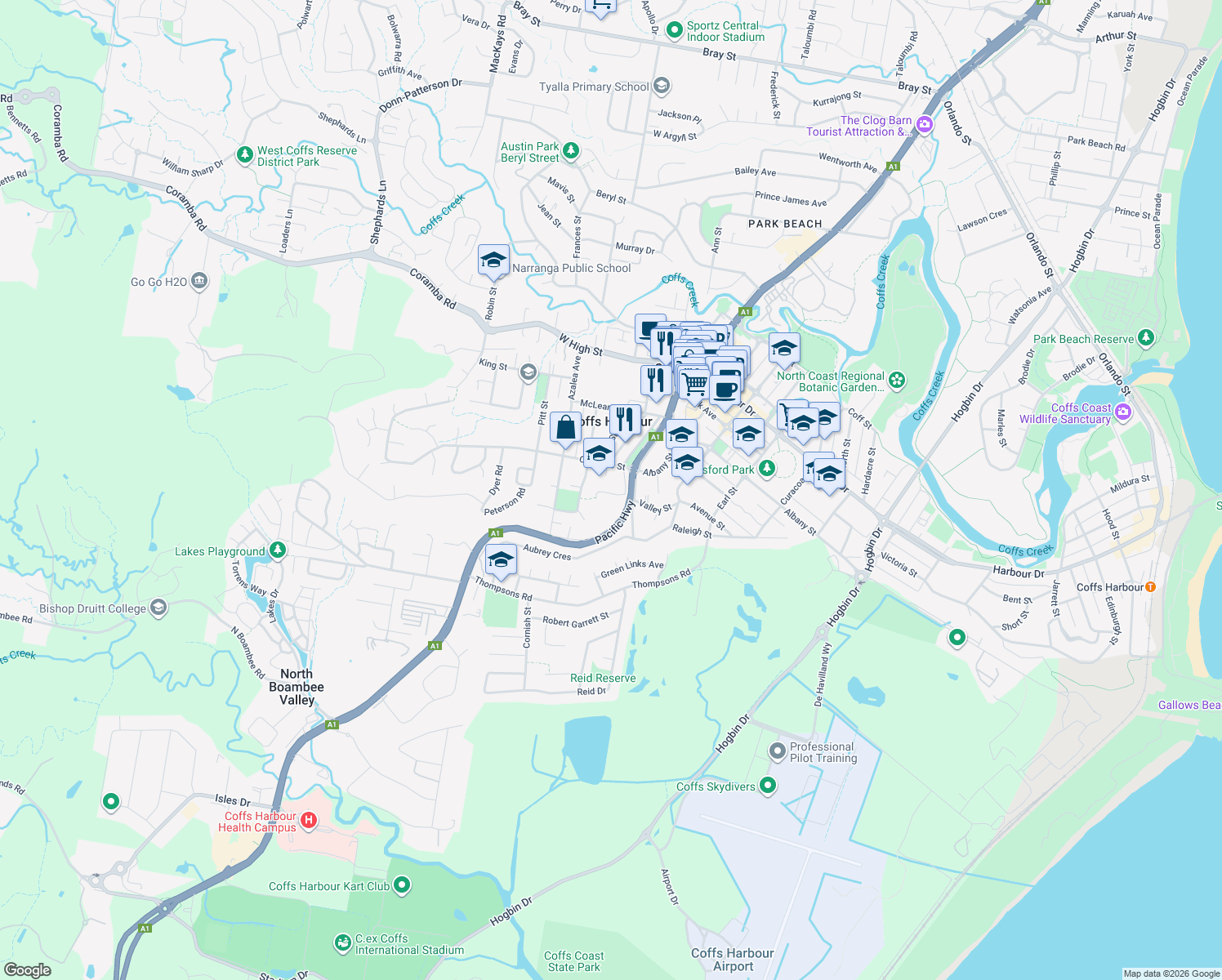map of restaurants, bars, coffee shops, grocery stores, and more near 2 Toormina Place in Coffs Harbour