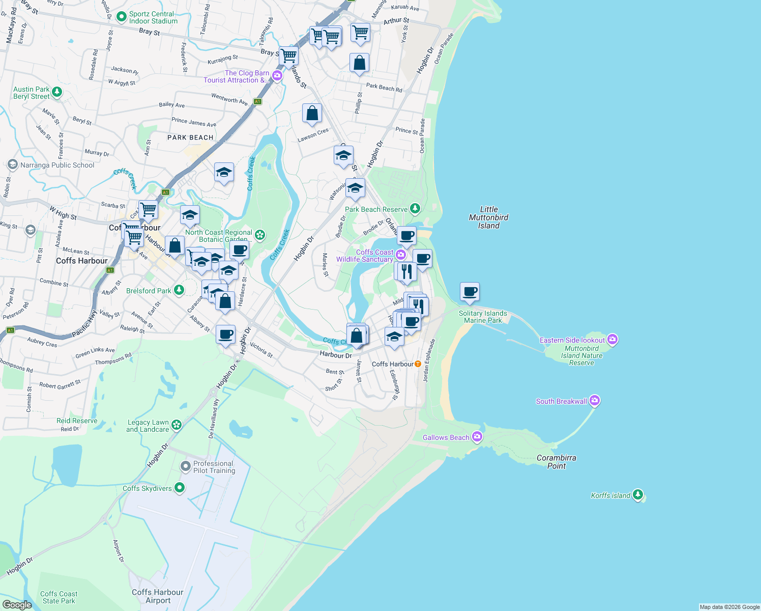 map of restaurants, bars, coffee shops, grocery stores, and more near 59 Mildura Street in Coffs Harbour