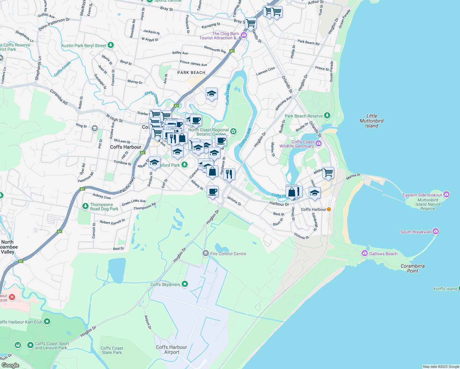 map of restaurants, bars, coffee shops, grocery stores, and more near Harbour Drive in Coffs Harbour