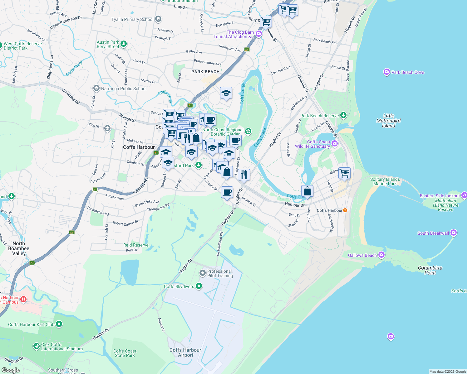 map of restaurants, bars, coffee shops, grocery stores, and more near 15 Victoria Street in Coffs Harbour
