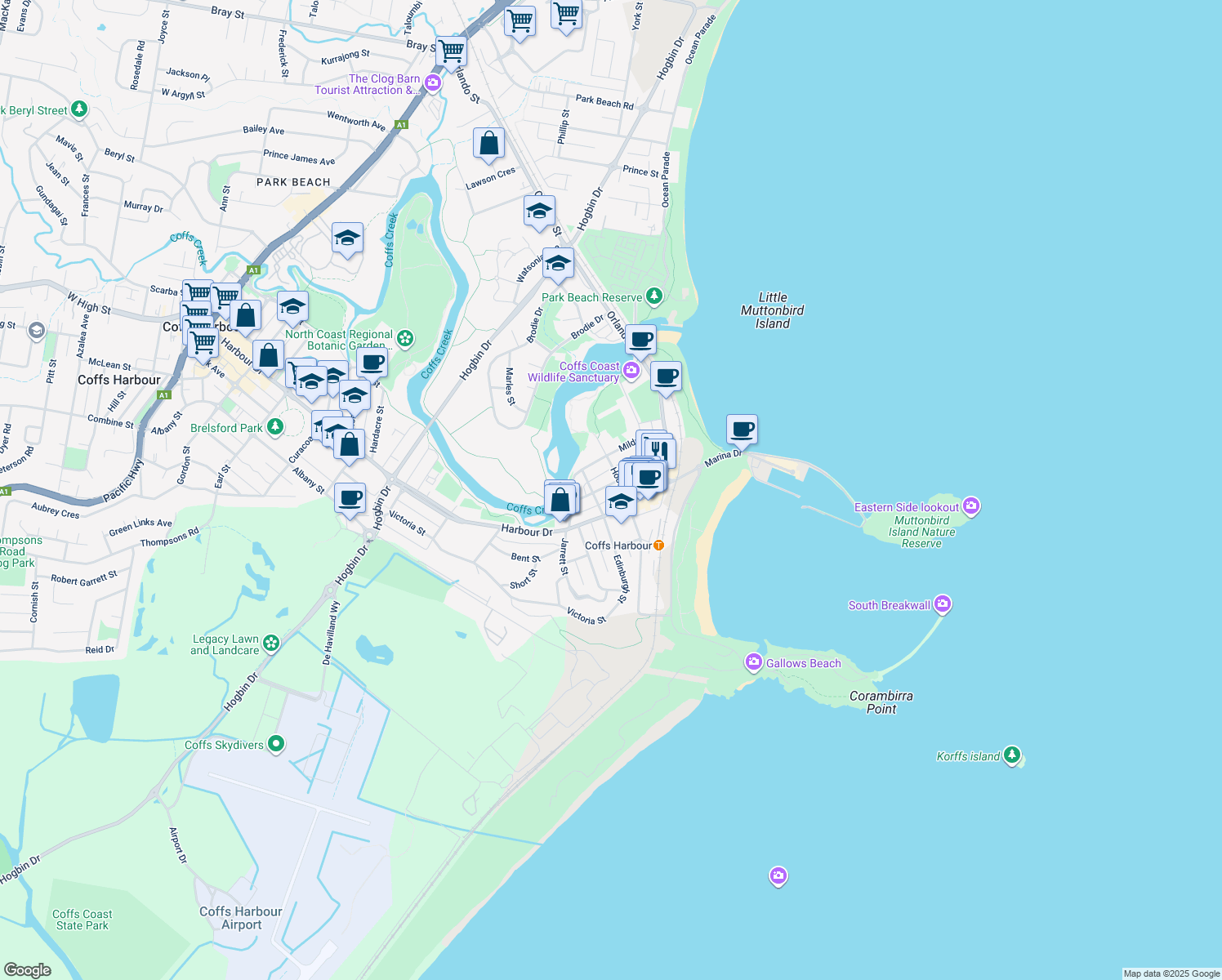map of restaurants, bars, coffee shops, grocery stores, and more near 26 Collingwood Street in Coffs Harbour