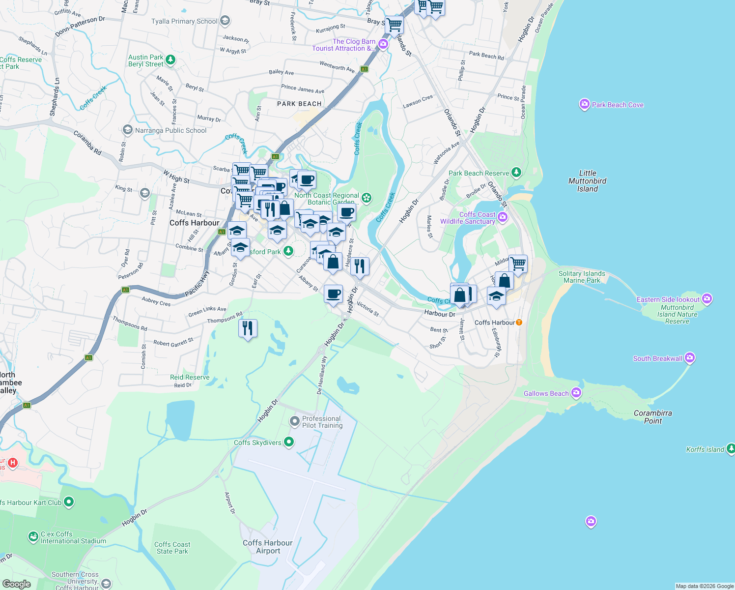 map of restaurants, bars, coffee shops, grocery stores, and more near 254 Harbour Drive in Coffs Harbour