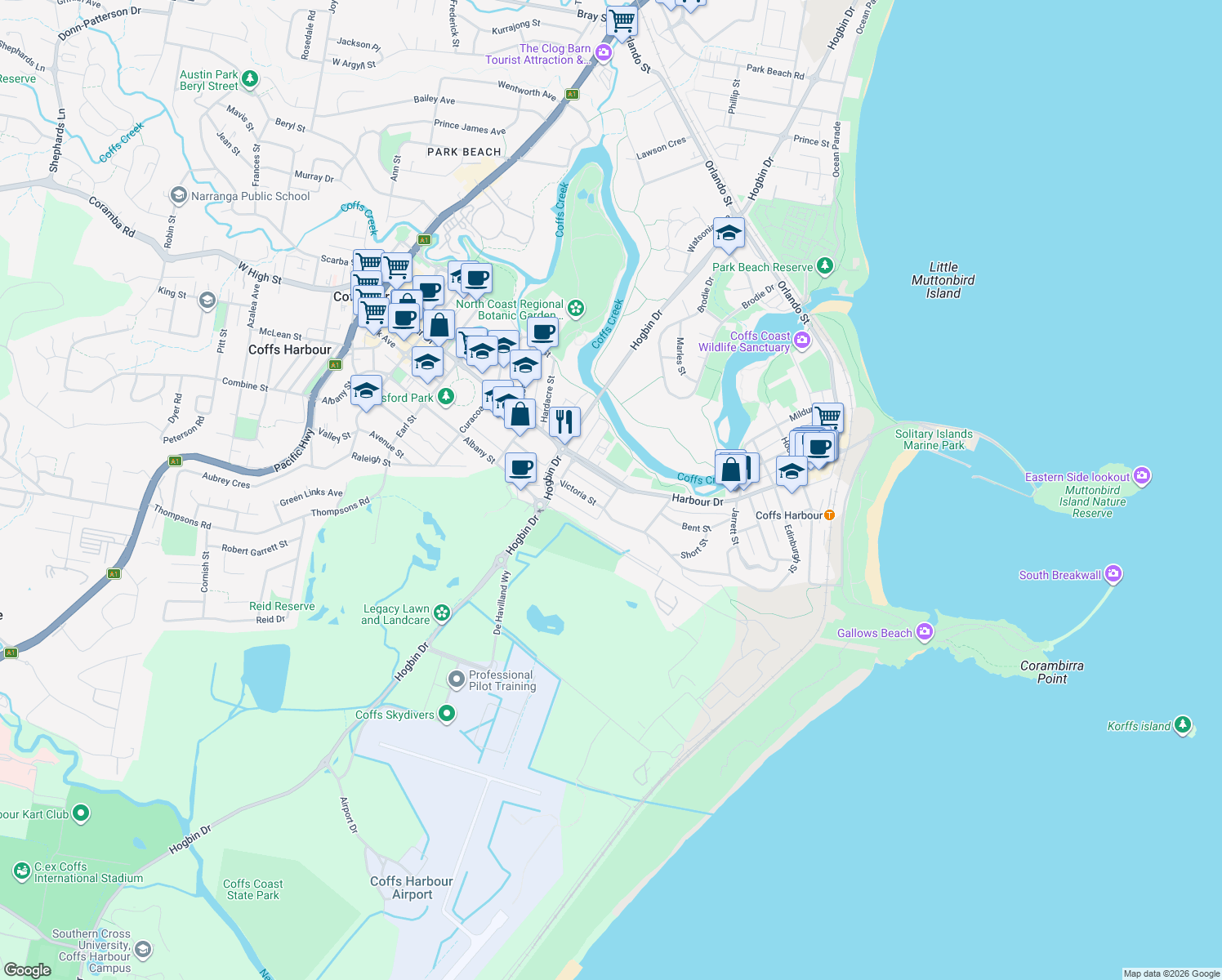 map of restaurants, bars, coffee shops, grocery stores, and more near 274 Harbour Drive in Coffs Harbour