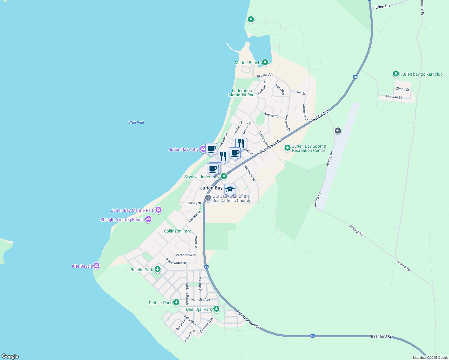 map of restaurants, bars, coffee shops, grocery stores, and more near 65 Bashford Street in Jurien Bay