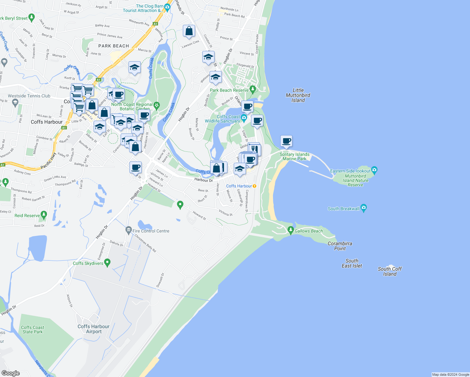map of restaurants, bars, coffee shops, grocery stores, and more near 171 Edinburgh Street in Coffs Harbour