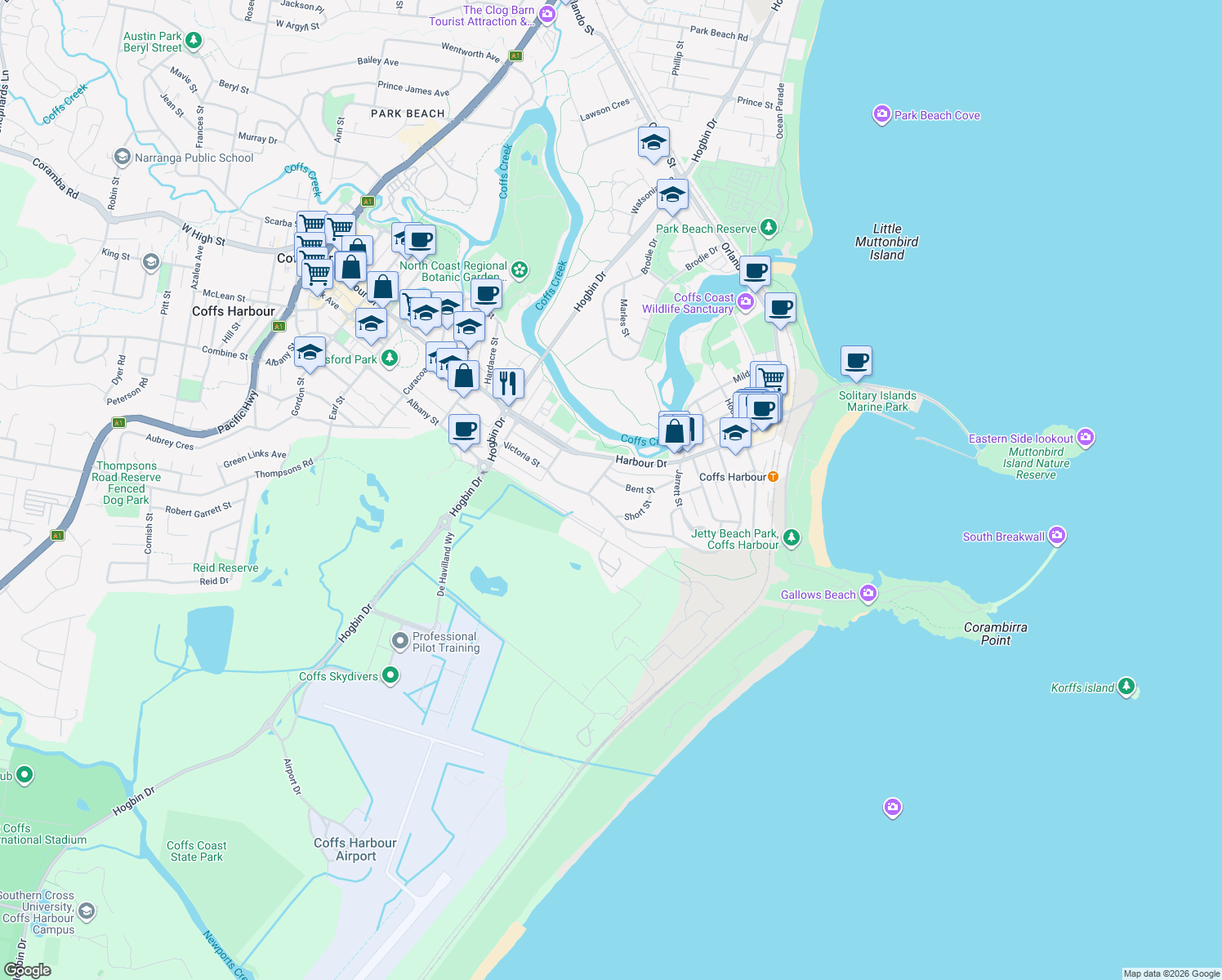 map of restaurants, bars, coffee shops, grocery stores, and more near 25 Bent Street in Coffs Harbour