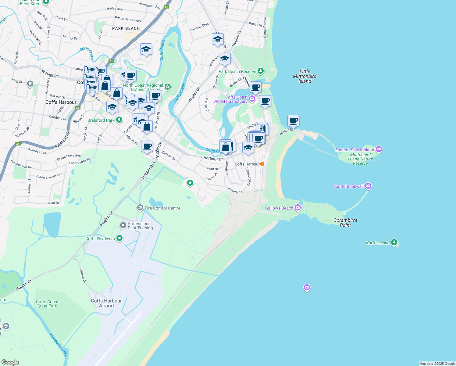 map of restaurants, bars, coffee shops, grocery stores, and more near 4 Solitary Street in Coffs Harbour